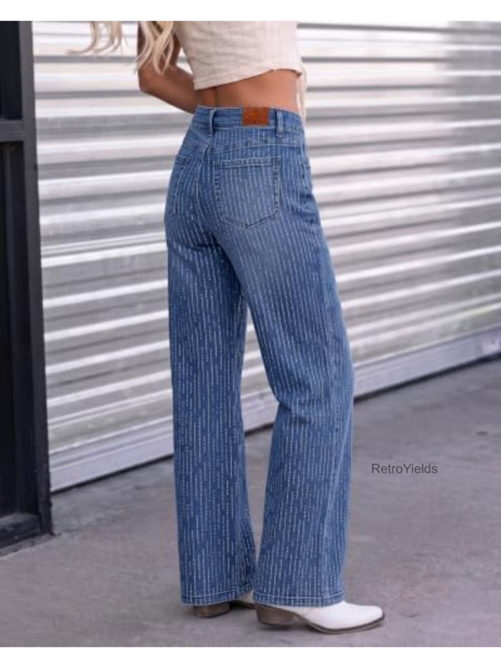 High Waisted Wide Leg Rhinestone Stretch Jeans - Picture 2 of 6